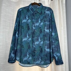 Robert Graham Beemon Camo Print Shirt Button Front Blue Cotton Men's Size XL